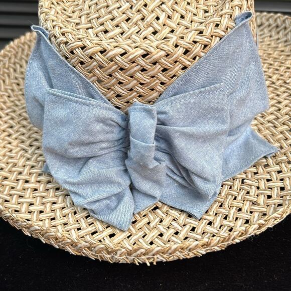 Imperial “Vail” Straw Hat in White and Tan with Blue Chambray Band and Bow, OSFM - Picture 5 of 10